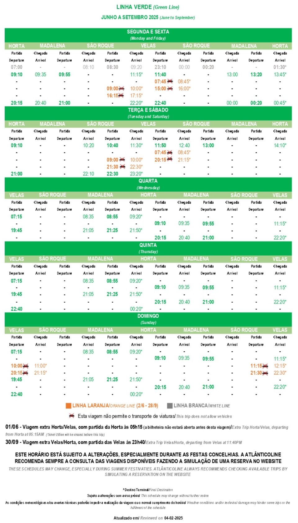 Atlânticoline. Horario de la Línea Verde