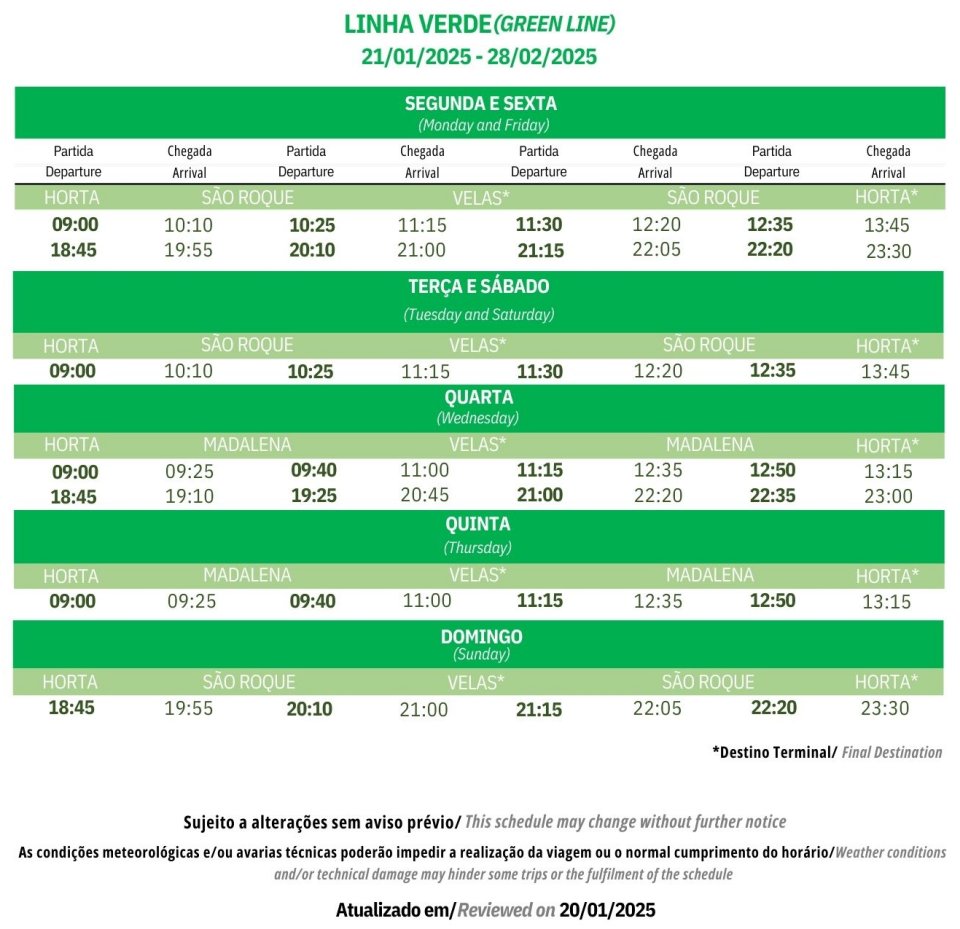 Atlânticoline. Horario de la Línea Verde