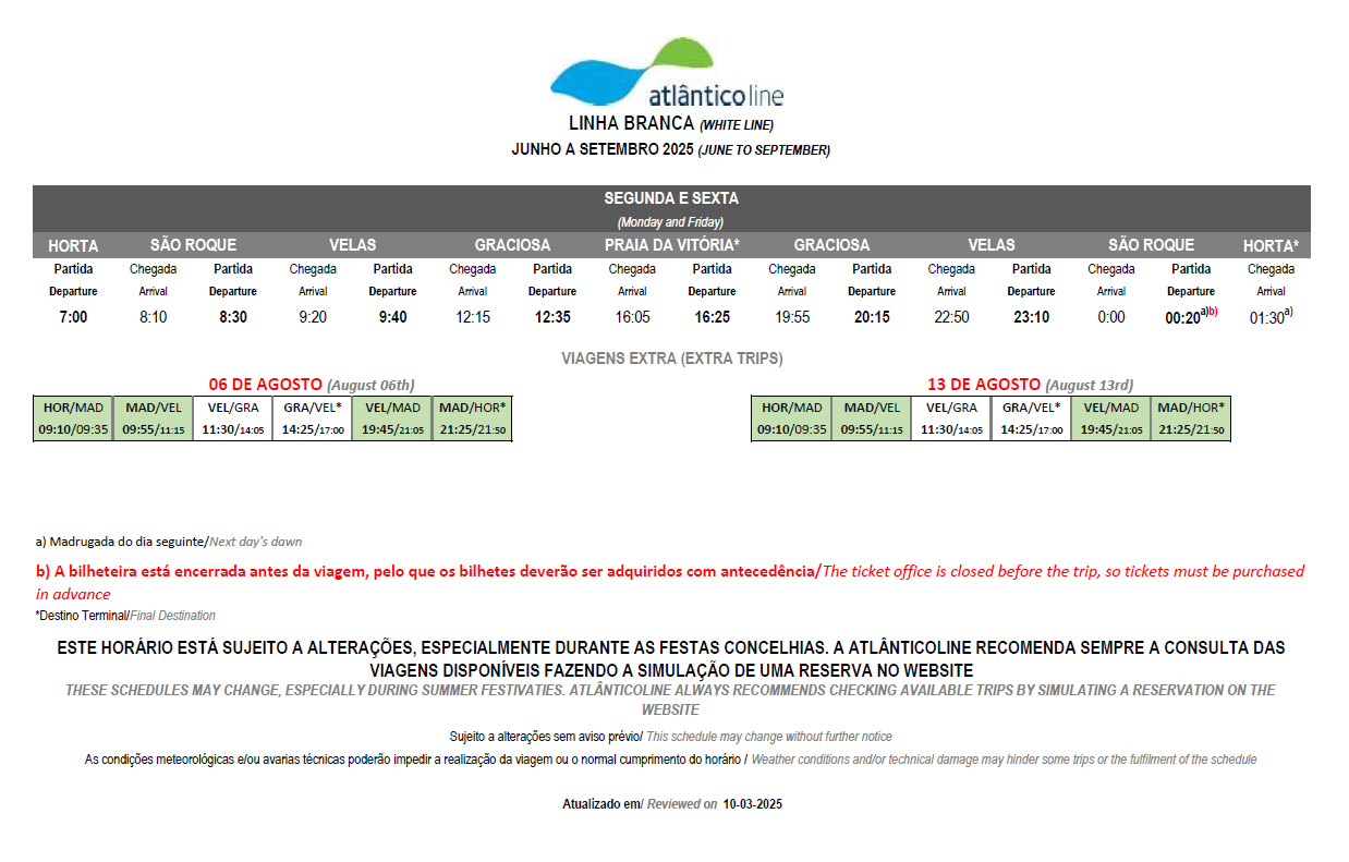 Horário Linha Branca 2025 — ilhas do grupo central